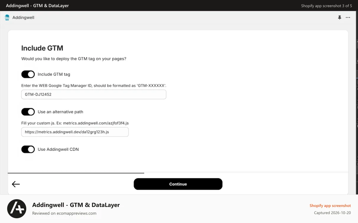 Addingwell ‑ GTM & DataLayer Shopify app screenshot: Configure GTM & DataLayer