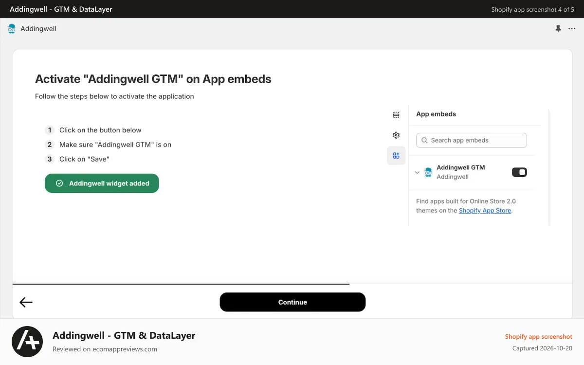 Addingwell ‑ GTM & DataLayer Shopify app screenshot: Activate "Addingwell GTM" application