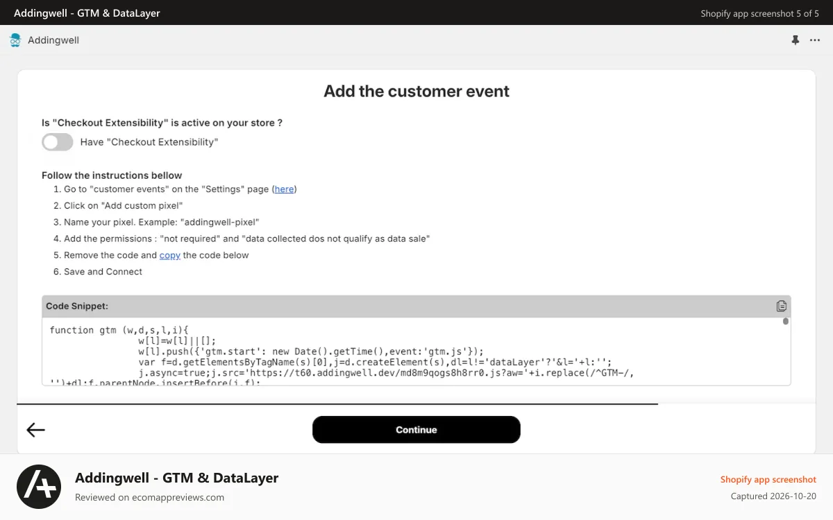 Addingwell ‑ GTM & DataLayer Shopify app screenshot: Create the pixel customer event