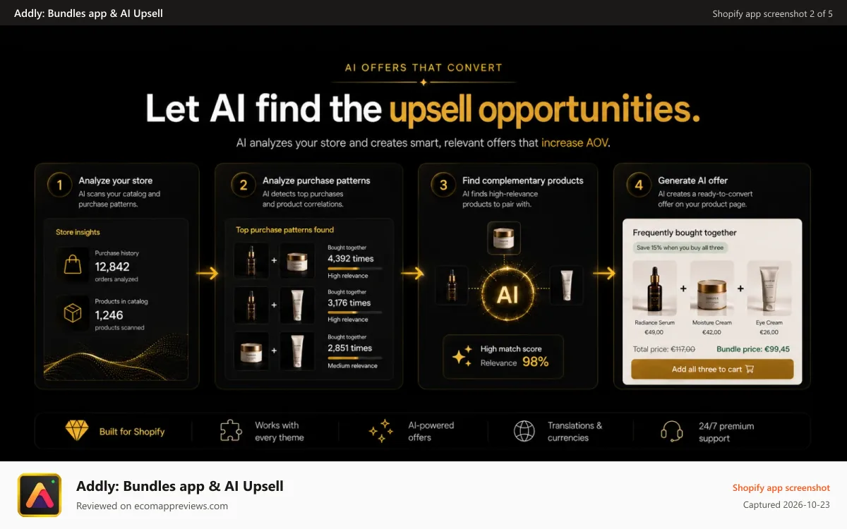 Addly: Bundles app & AI Upsell Shopify app screenshot: Shopify pre-purchase upsell widget with different layouts
