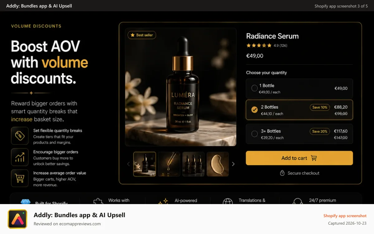 Addly: Bundles app & AI Upsell Shopify app screenshot: Shopify upsell using bundles or couple of different layouts