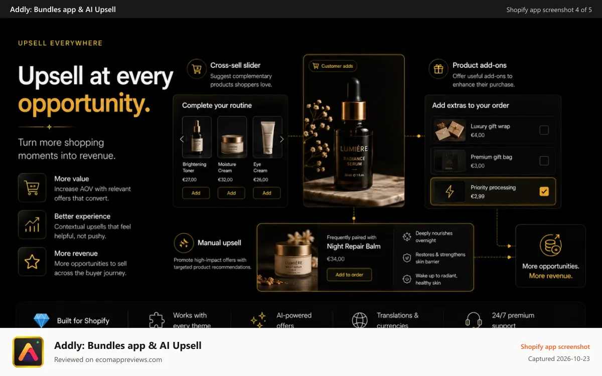 Addly: Bundles app & AI Upsell Shopify app screenshot: Shopify best upsell and cross-sell app, amazing AOV boosts