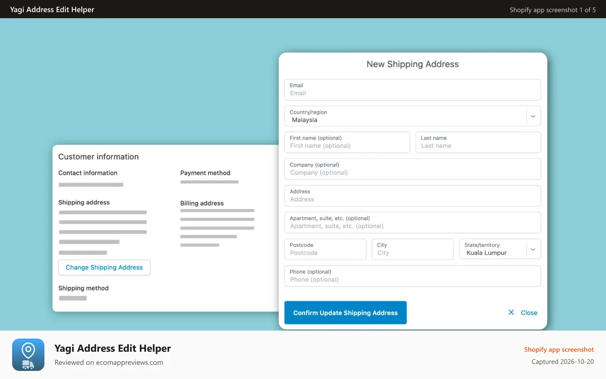 Yagi Address Edit Helper Shopify app screenshot: Let customer update shipping address