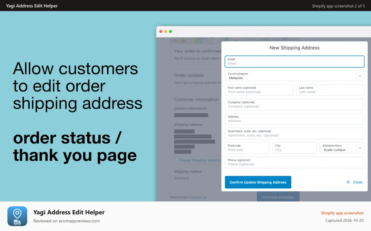 Yagi Address Edit Helper Shopify app screenshot: Allow customer to edit shipping address on order status page