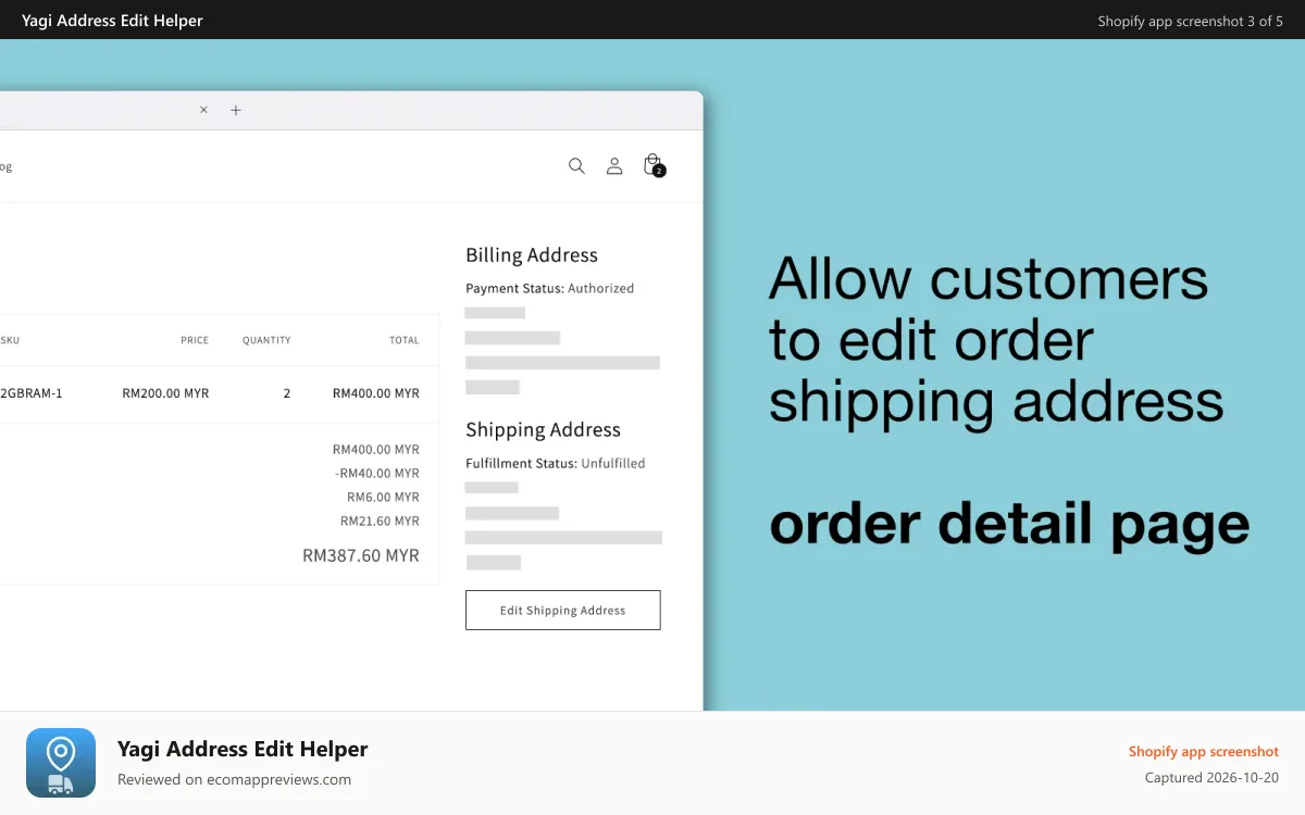 Yagi Address Edit Helper Shopify app screenshot: Allow customer to edit shipping address on order detail page