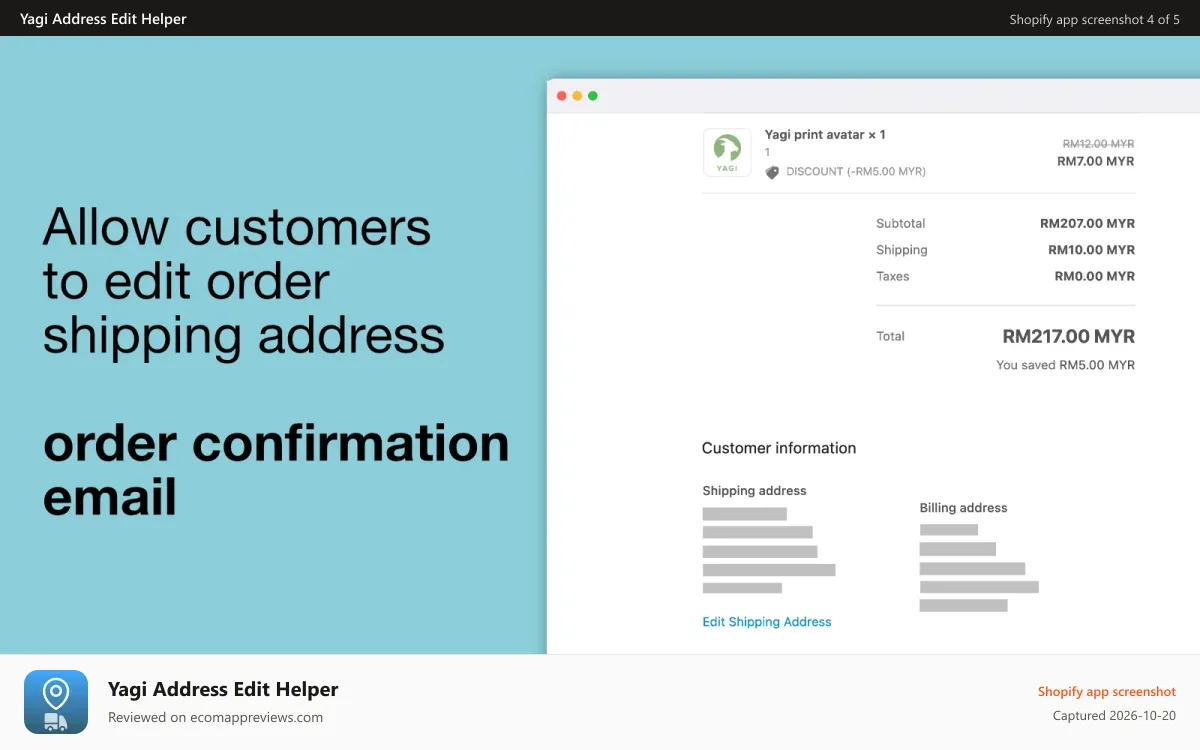 Yagi Address Edit Helper Shopify app screenshot: Allow customer to edit shipping address on order email