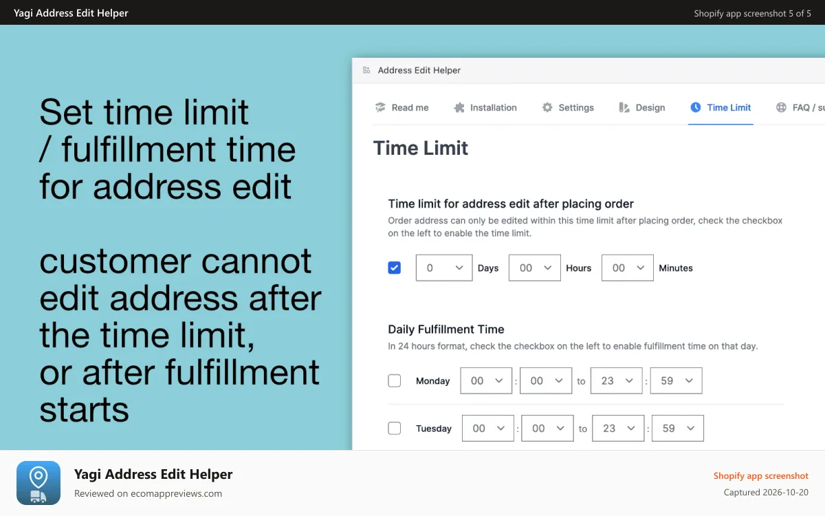 Yagi Address Edit Helper Shopify app screenshot: Set time limit for when a customer can edit shipping address
