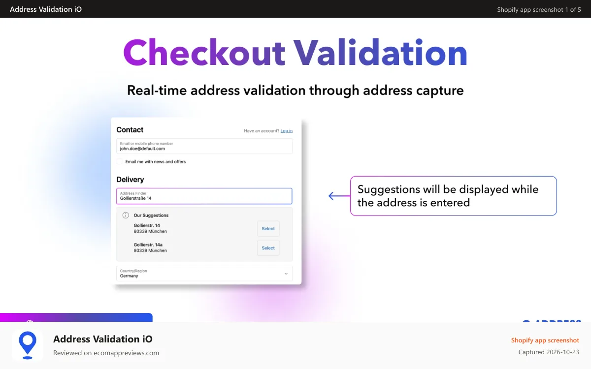 Address Validation iO Shopify app screenshot: Addres Validation during checkout for Shopify Plus