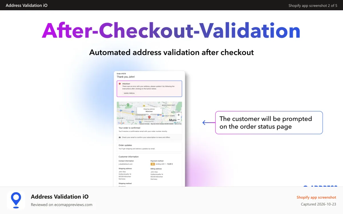 Address Validation iO Shopify app screenshot: Order status and Thank You page with address validation prompt