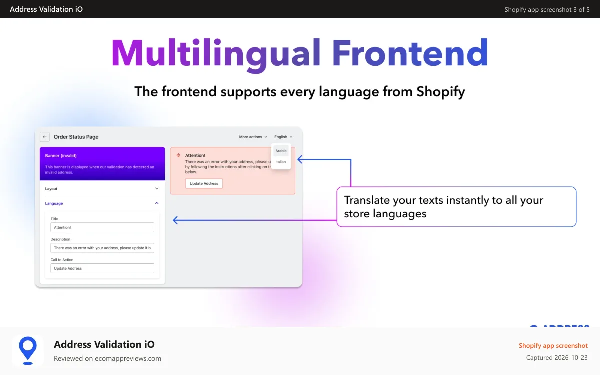 Address Validation iO Shopify app screenshot: Address validation interface supporting multiple languages