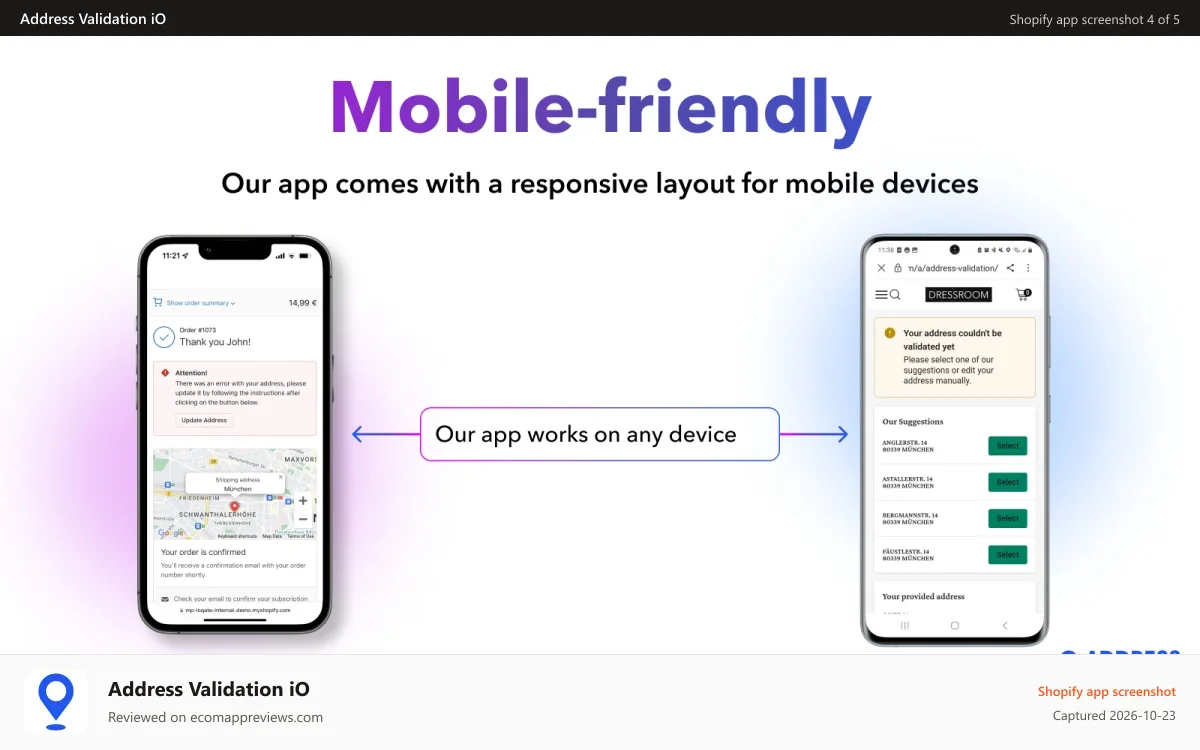 Address Validation iO Shopify app screenshot: Mobile-friendly address validation app on different devices