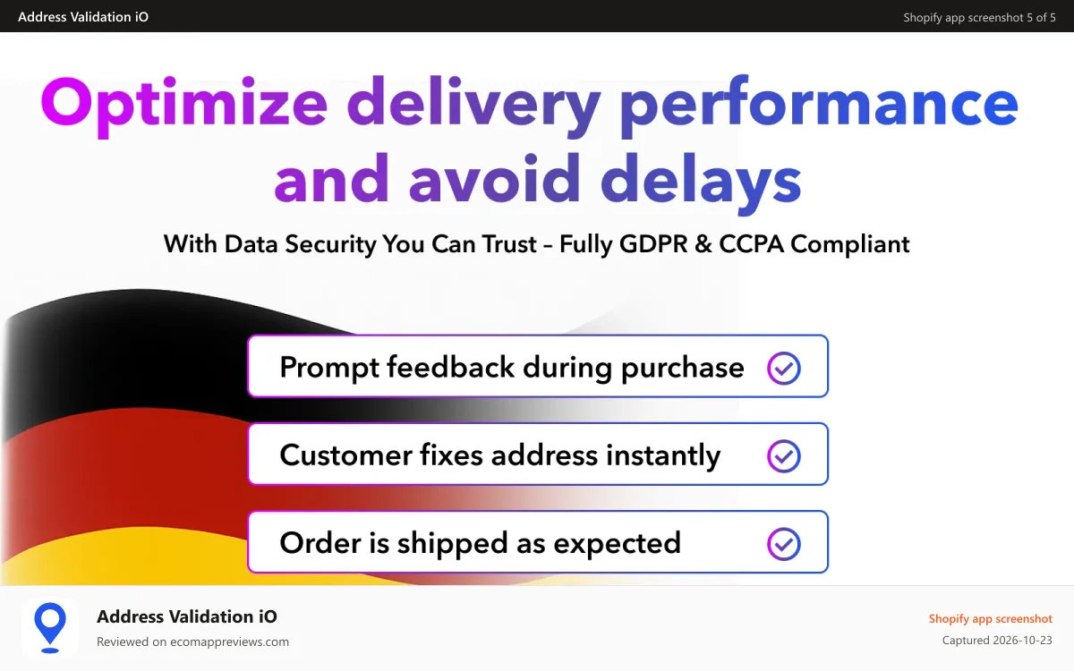 Address Validation iO Shopify app screenshot: Address Validation respects data security and optimises delivery