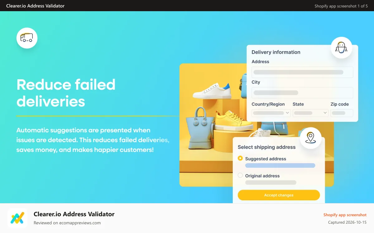 Clearer.io Address Validator Shopify app screenshot: Address validation to prevent common shipping address issues