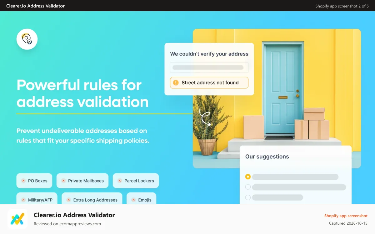 Clearer.io Address Validator Shopify app screenshot: Add custom rules that match your specific shipping policies