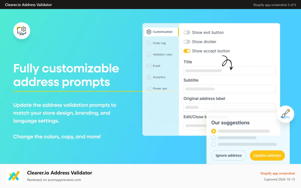 Clearer.io Address Validator Shopify app screenshot: Fully customizable address validator with branding and language