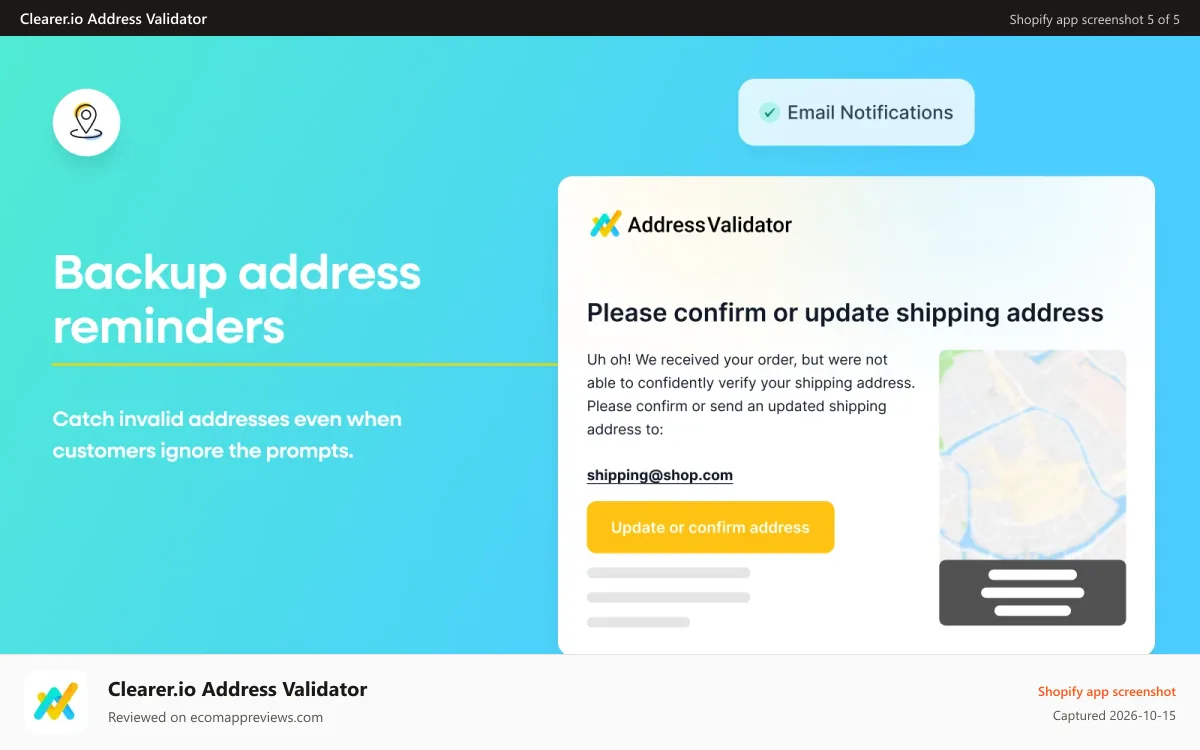Clearer.io Address Validator Shopify app screenshot: Emails when customers proceed with unverifiable addresses