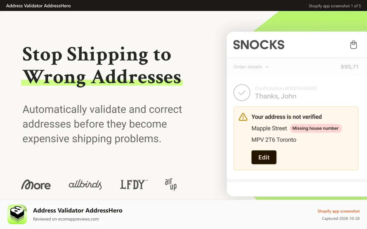 Address Validator AddressHero Shopify app screenshot: AddressHero Address Validation