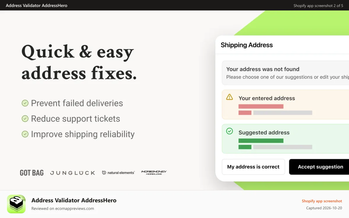 Address Validator AddressHero Shopify app screenshot: Find and fix address errors on autopilot