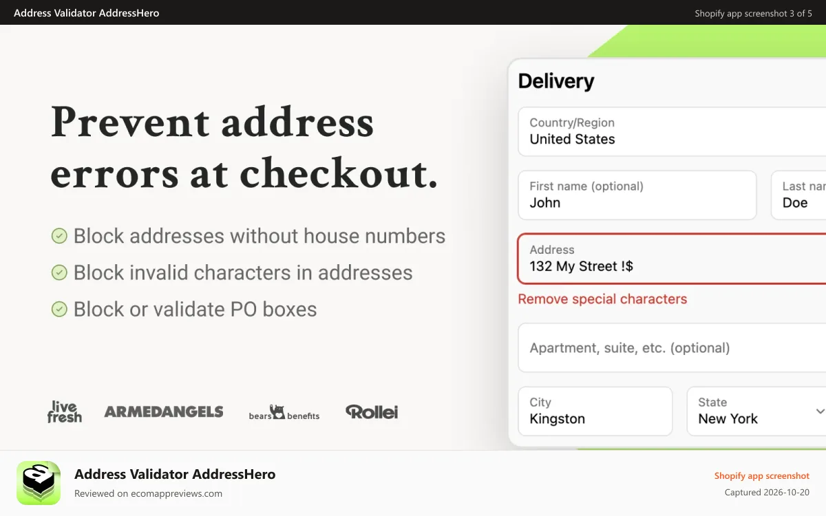 Address Validator AddressHero Shopify app screenshot: Prevent errors in checkout