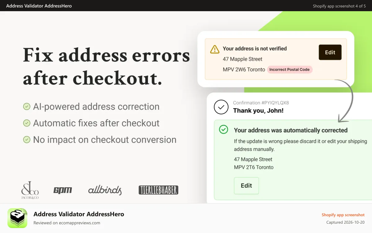 Address Validator AddressHero Shopify app screenshot: Fix every address after checkout