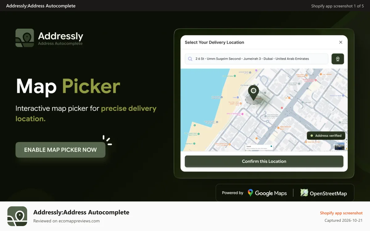 Addressly:Address Autocomplete Shopify app screenshot: Interactive Map Picker for Precise Delivery Location on Shopify