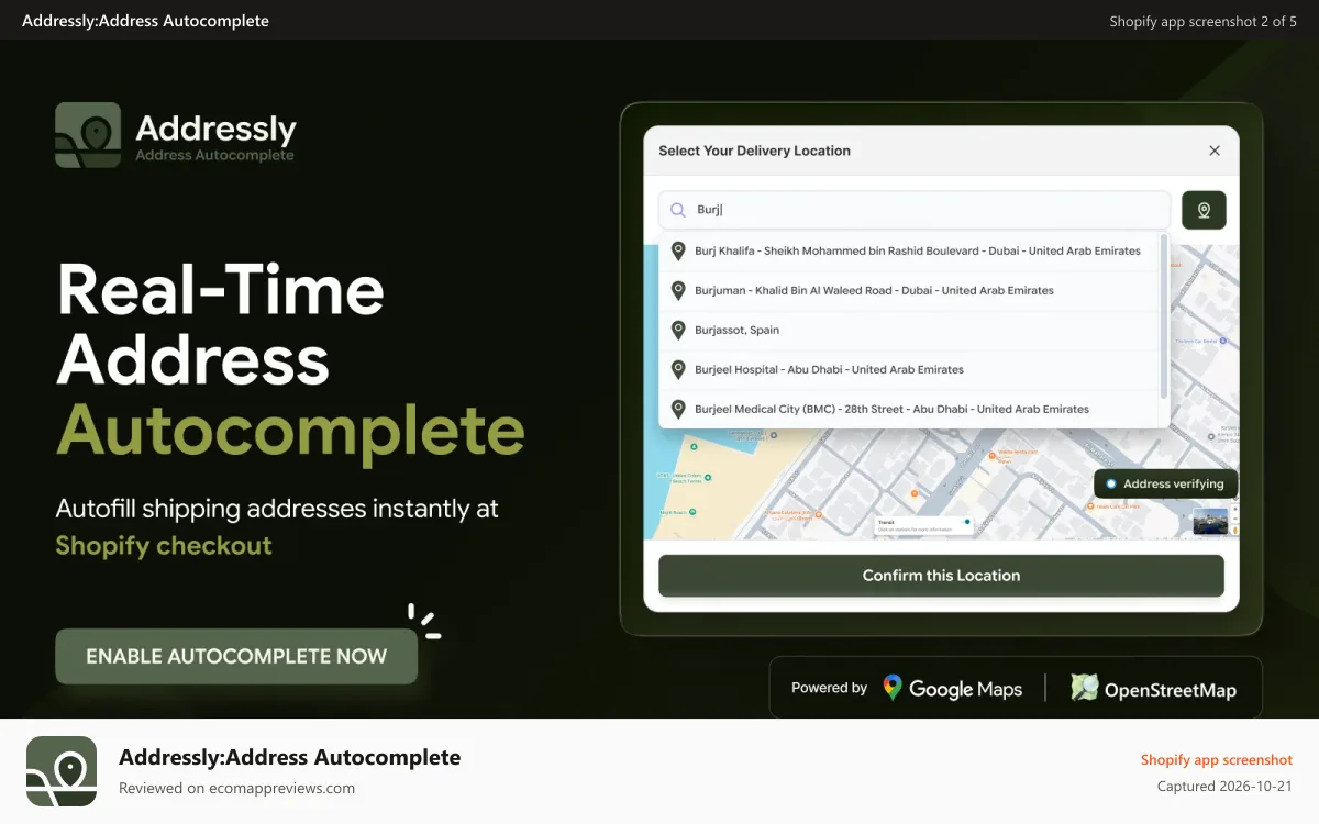 Addressly:Address Autocomplete Shopify app screenshot: Shopify Address Autocomplete with Real-Time Google Maps Suggesti