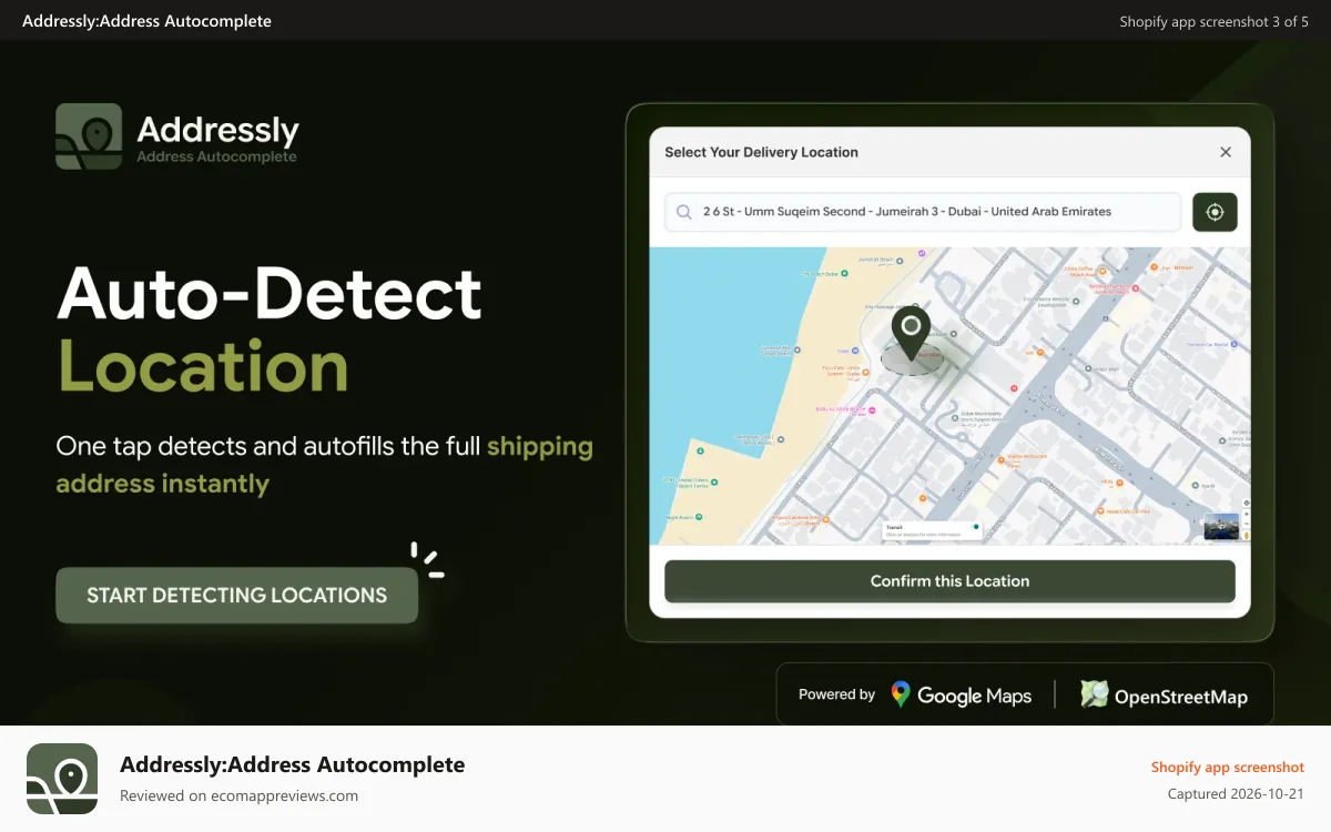 Addressly:Address Autocomplete Shopify app screenshot: Auto-Detect Customer Location for Faster Shopify Checkout