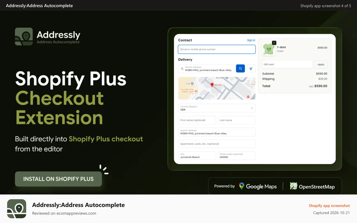 Addressly:Address Autocomplete Shopify app screenshot: Native Shopify Plus Checkout Address Autocomplete Extension
