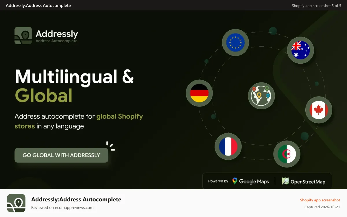 Addressly:Address Autocomplete Shopify app screenshot: Multilingual Address Autocomplete for Global Shopify Stores