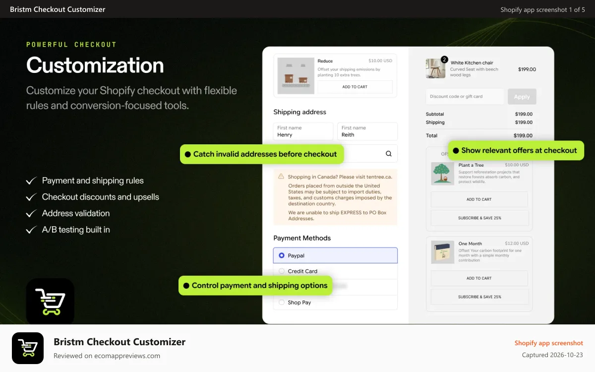 Bristm Checkout Customizer Shopify app screenshot: Shopify checkout customization with rules & upsells - AddUp