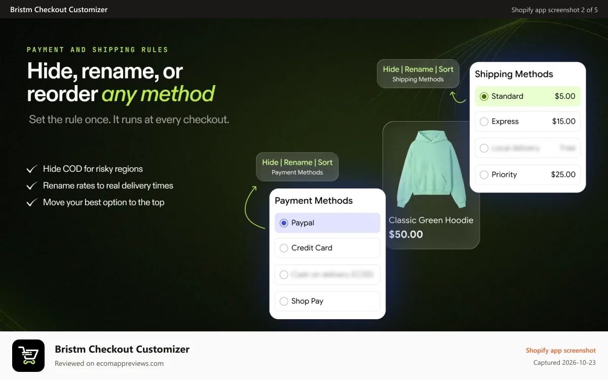 Bristm Checkout Customizer Shopify app screenshot: Hide, rename, reorder payment & shipping methods - AddUp
