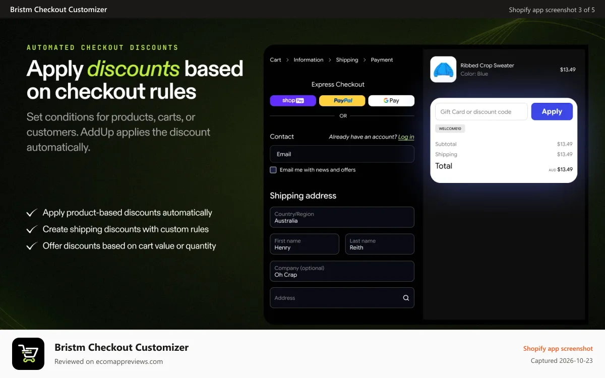Bristm Checkout Customizer Shopify app screenshot: Automated checkout discounts by rules on Shopify - AddUp