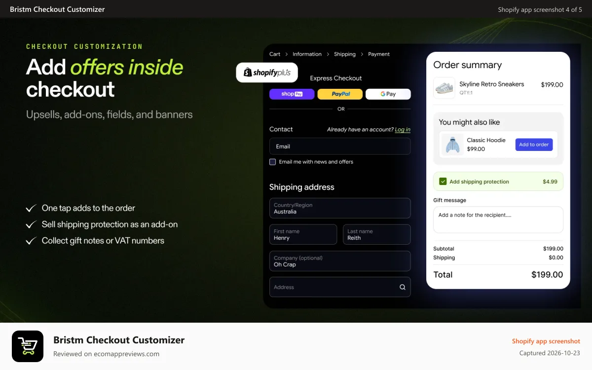 Bristm Checkout Customizer Shopify app screenshot: Add checkout upsells, add-ons & fields on Shopify Plus