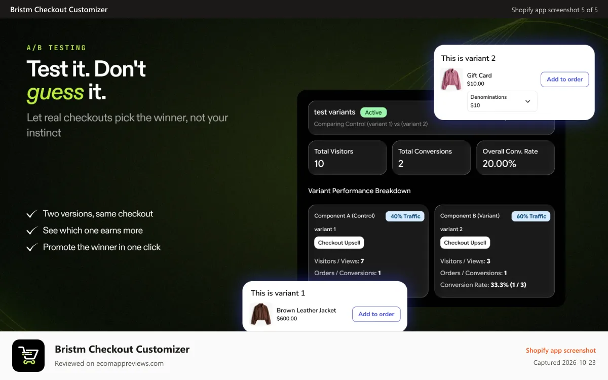 Bristm Checkout Customizer Shopify app screenshot: A/B test checkout upsells to boost conversions - AddUp