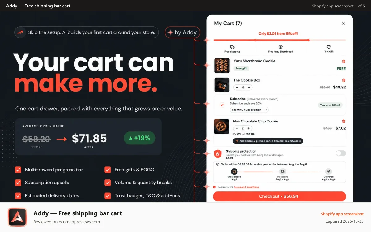 Addy — Free shipping bar cart Shopify app screenshot: The most CRO cart for Shopify stores seeking to boost sales AOV