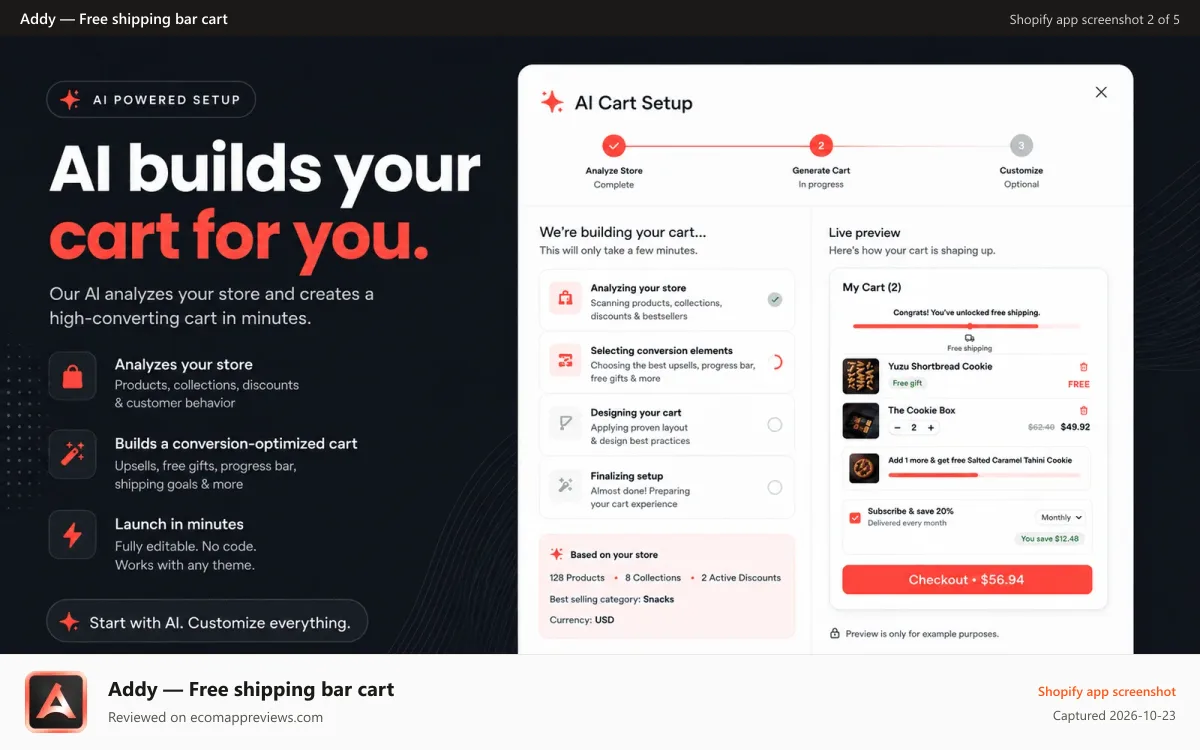 Addy — Free shipping bar cart Shopify app screenshot: Let Addy's AI build your Shopify cart based on your store & prod