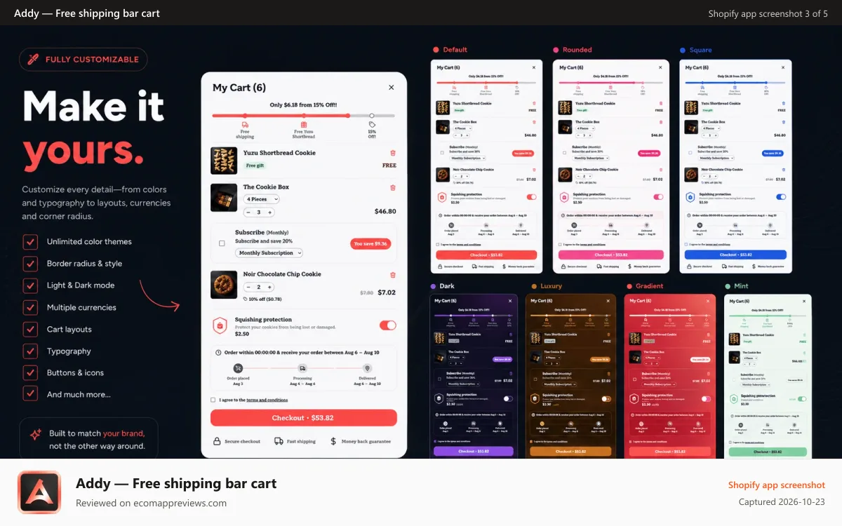 Addy — Free shipping bar cart Shopify app screenshot: Addy's cart drawer lets you fully match your Shopify store brand