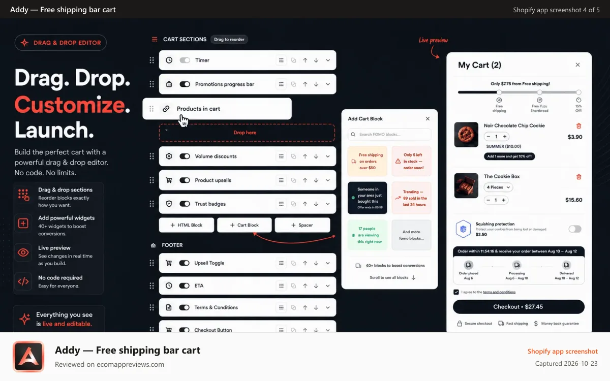 Addy — Free shipping bar cart Shopify app screenshot: Addy's shopify cart drawer supports drag & drop and 40+ blocks