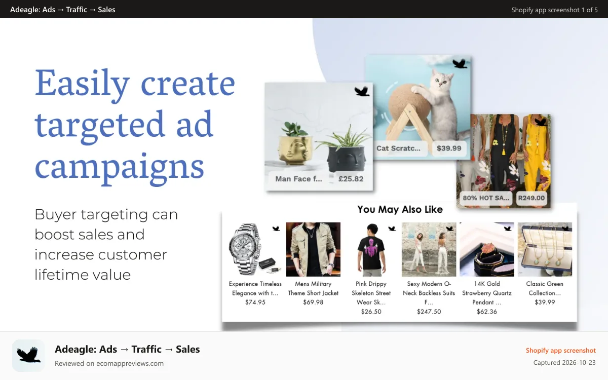 Adeagle: Ads → Traffic → Sales Shopify app screenshot: Easily create targeted ad campaigns