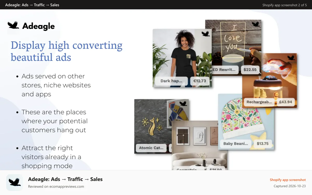 Adeagle: Ads → Traffic → Sales Shopify app screenshot: Display high converting beautiful ads