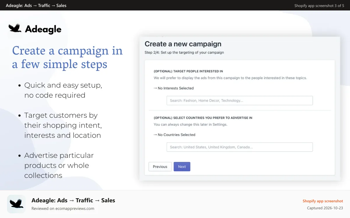 Adeagle: Ads → Traffic → Sales Shopify app screenshot: Create a campaign in a few simple steps