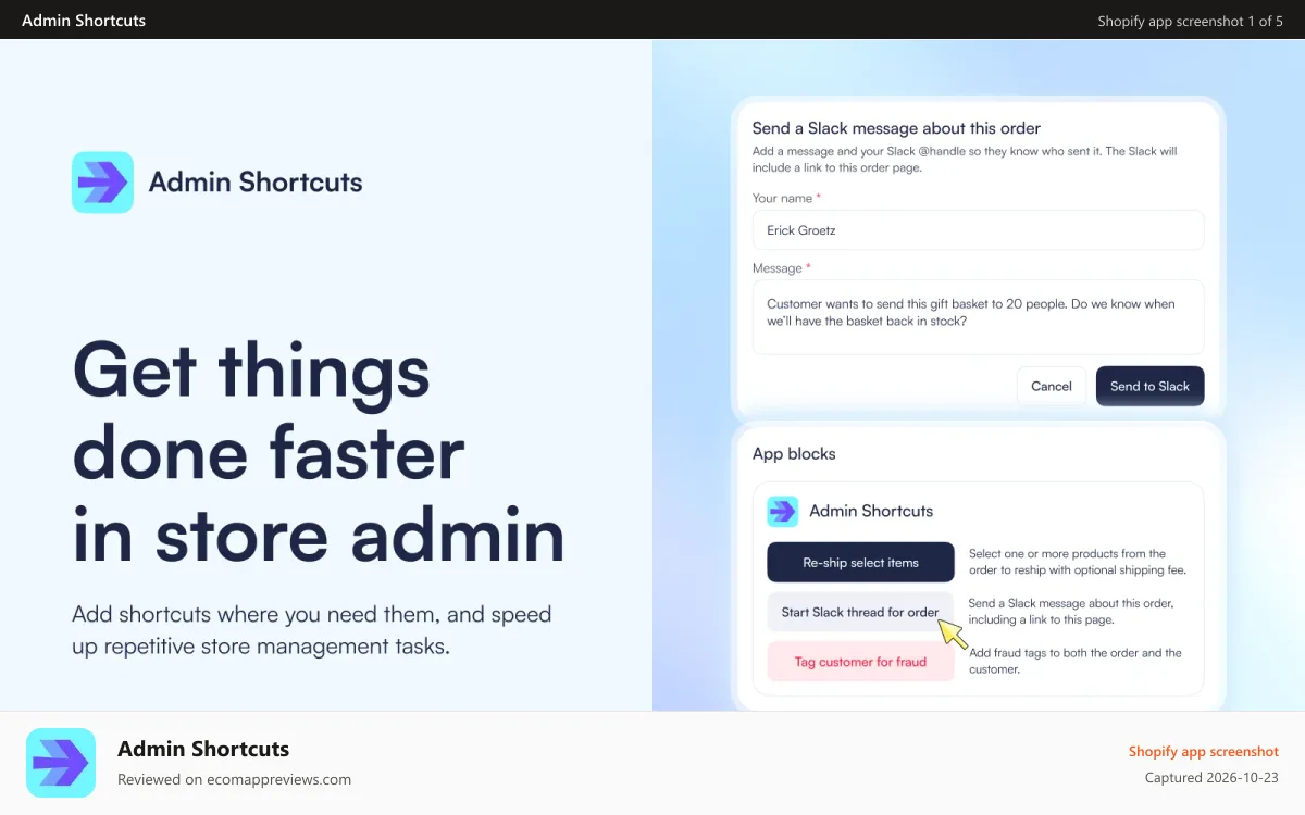 Admin Shortcuts Shopify app screenshot: Customize Shopify admin to simplify common management tasks