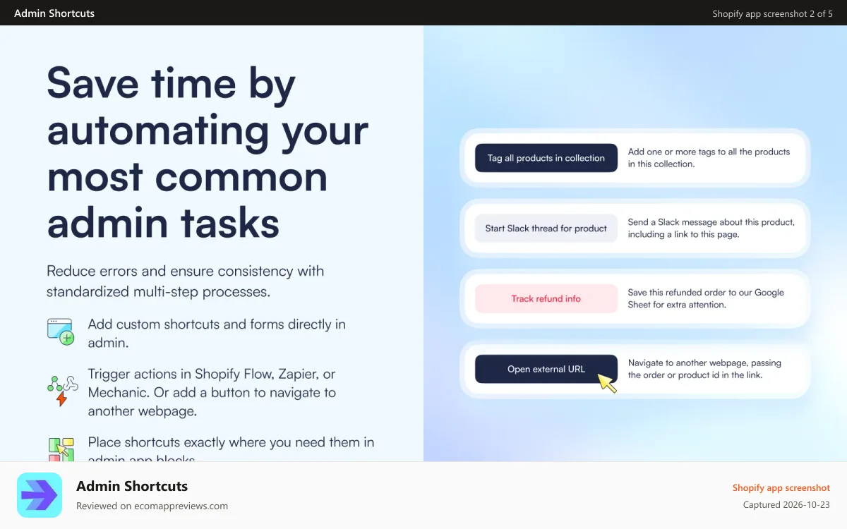 Admin Shortcuts Shopify app screenshot: Save time by automating your most common admin tasks