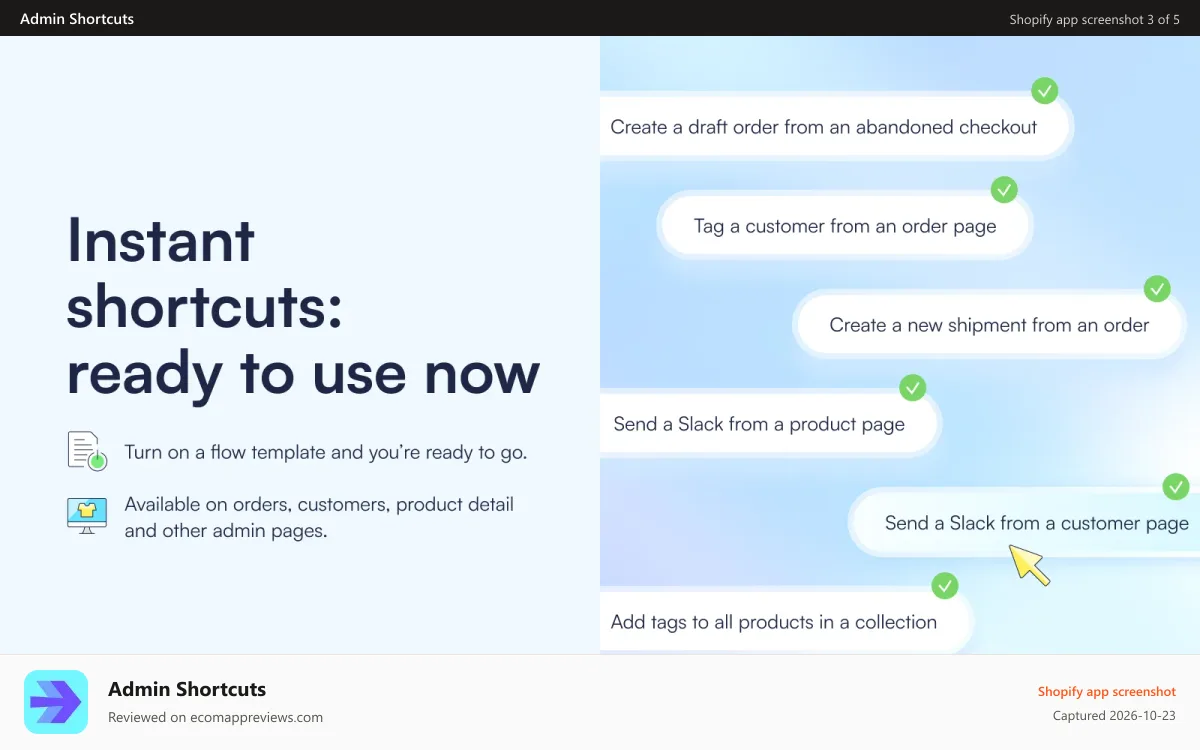 Admin Shortcuts Shopify app screenshot: Instant shortcuts: ready to use now