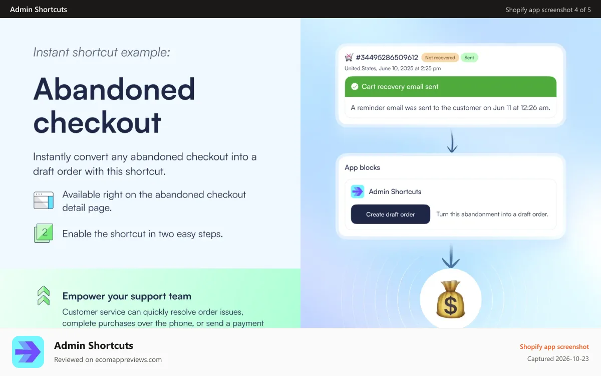 Admin Shortcuts Shopify app screenshot: Instant shortcut example: Abandoned checkout