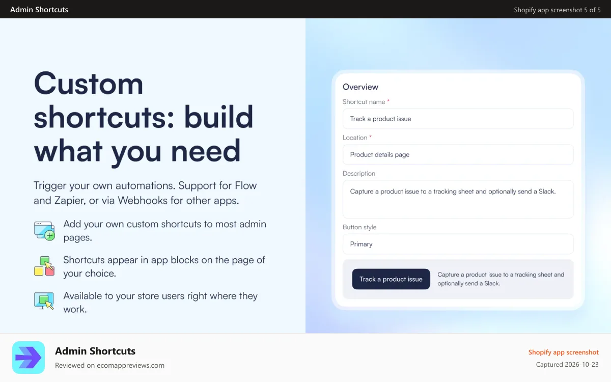 Admin Shortcuts Shopify app screenshot: Custom shortcuts: build what you need