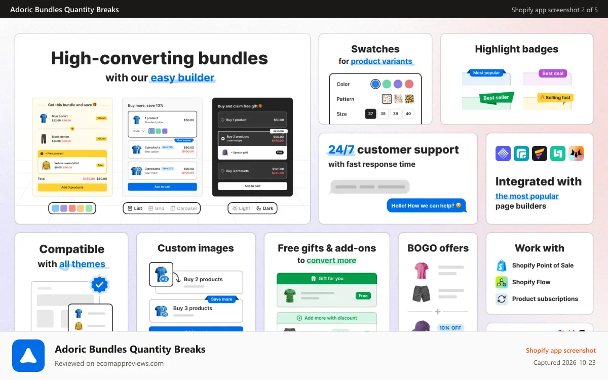 Adoric Bundles Quantity Breaks Shopify app screenshot: Features to boost sales and conversions