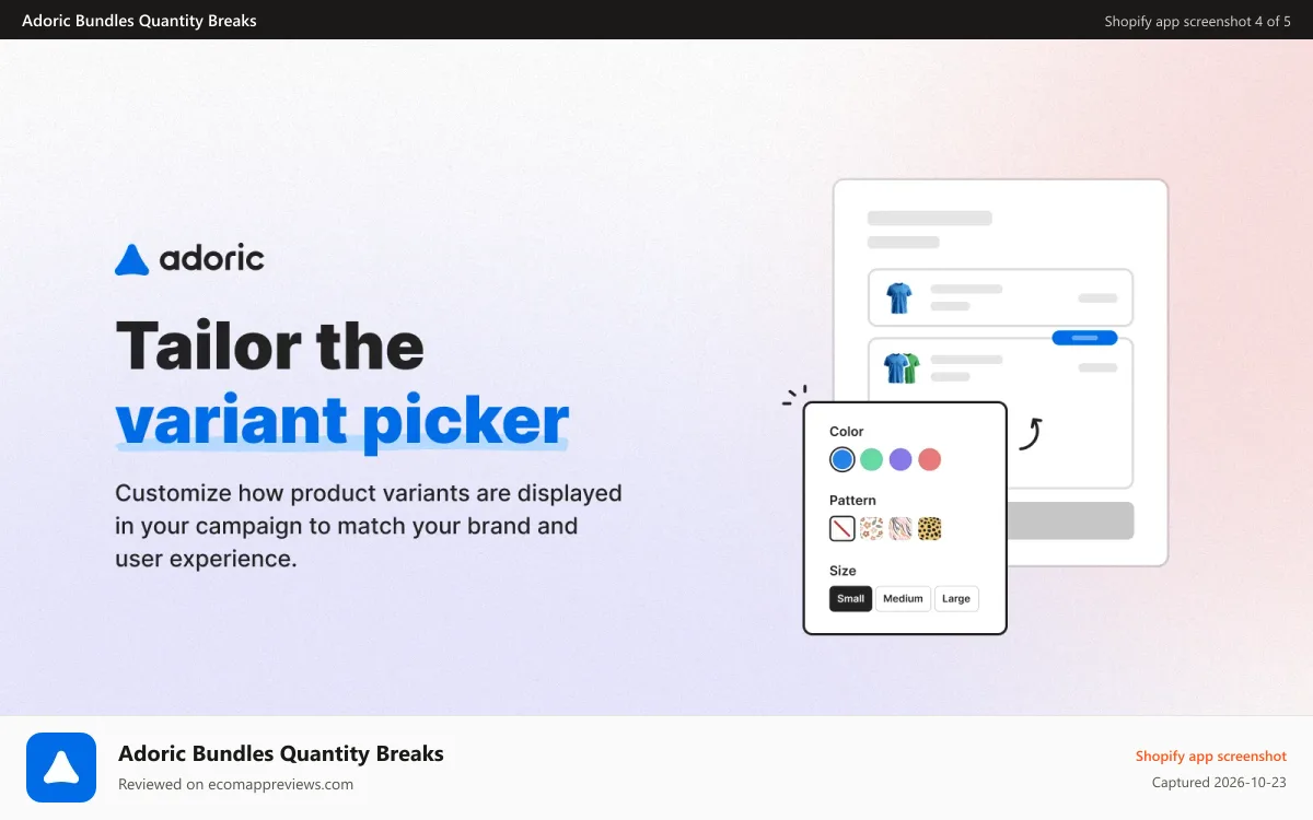 Adoric Bundles Quantity Breaks Shopify app screenshot: Tailor the variant picker