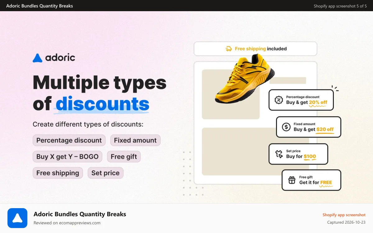 Adoric Bundles Quantity Breaks Shopify app screenshot: Multiple types of discounts