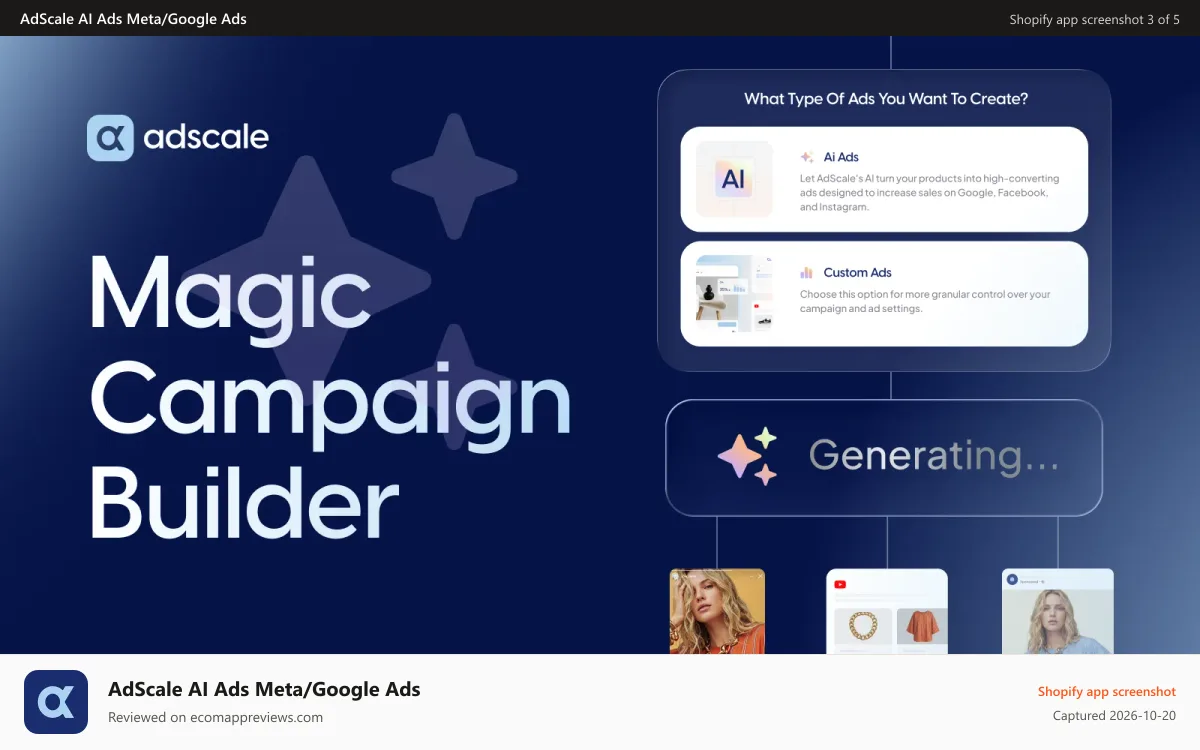 AdScale AI Ads Meta/Google Ads Shopify app screenshot: Magic campaign builder